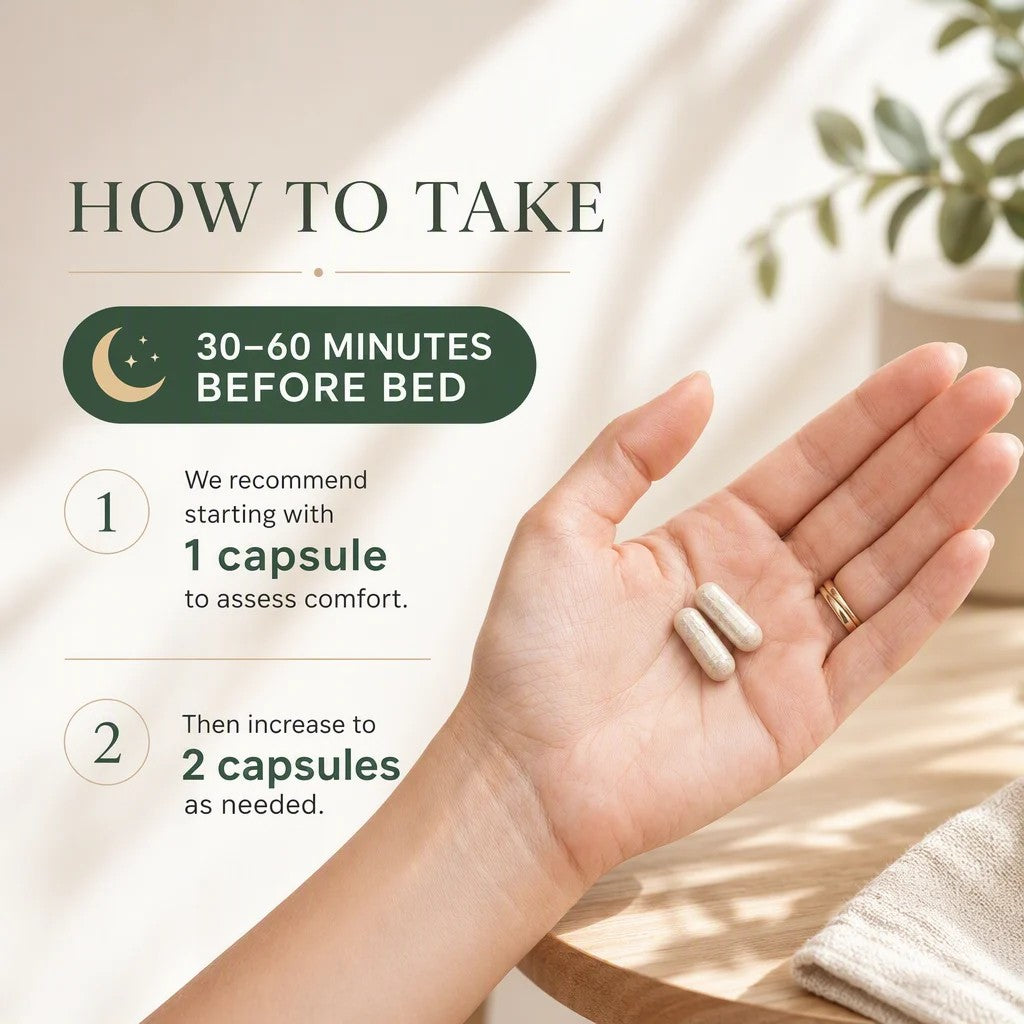 How to take Earth & Eve Sleep Support — 1 to 2 capsules 30-60 minutes before bed