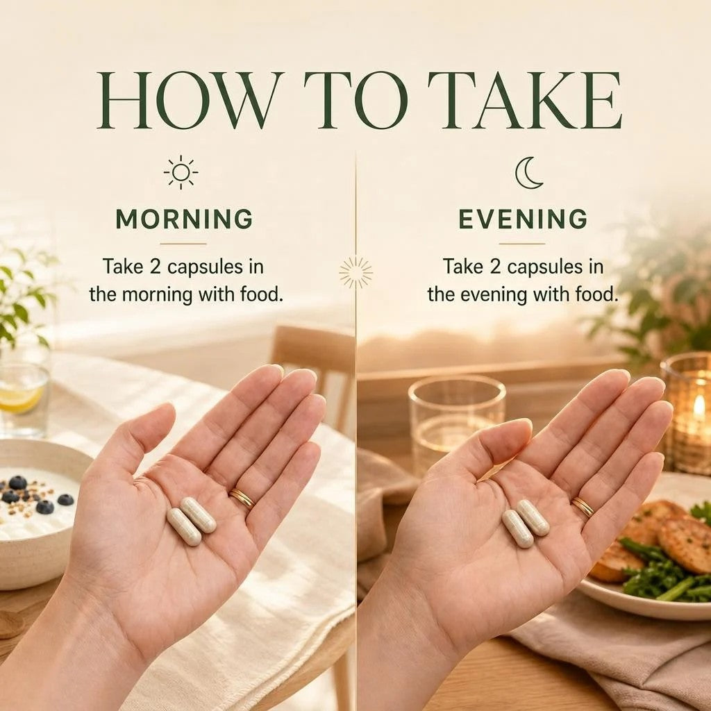 How to take Earth & Eve Perimenopause Multivitamin — 2 capsules AM, 2 capsules PM with food