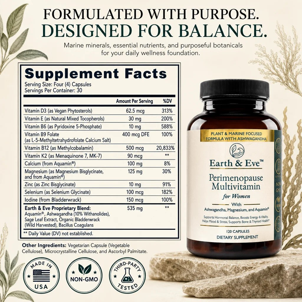 Earth & Eve Perimenopause Multivitamin Supplement Facts label