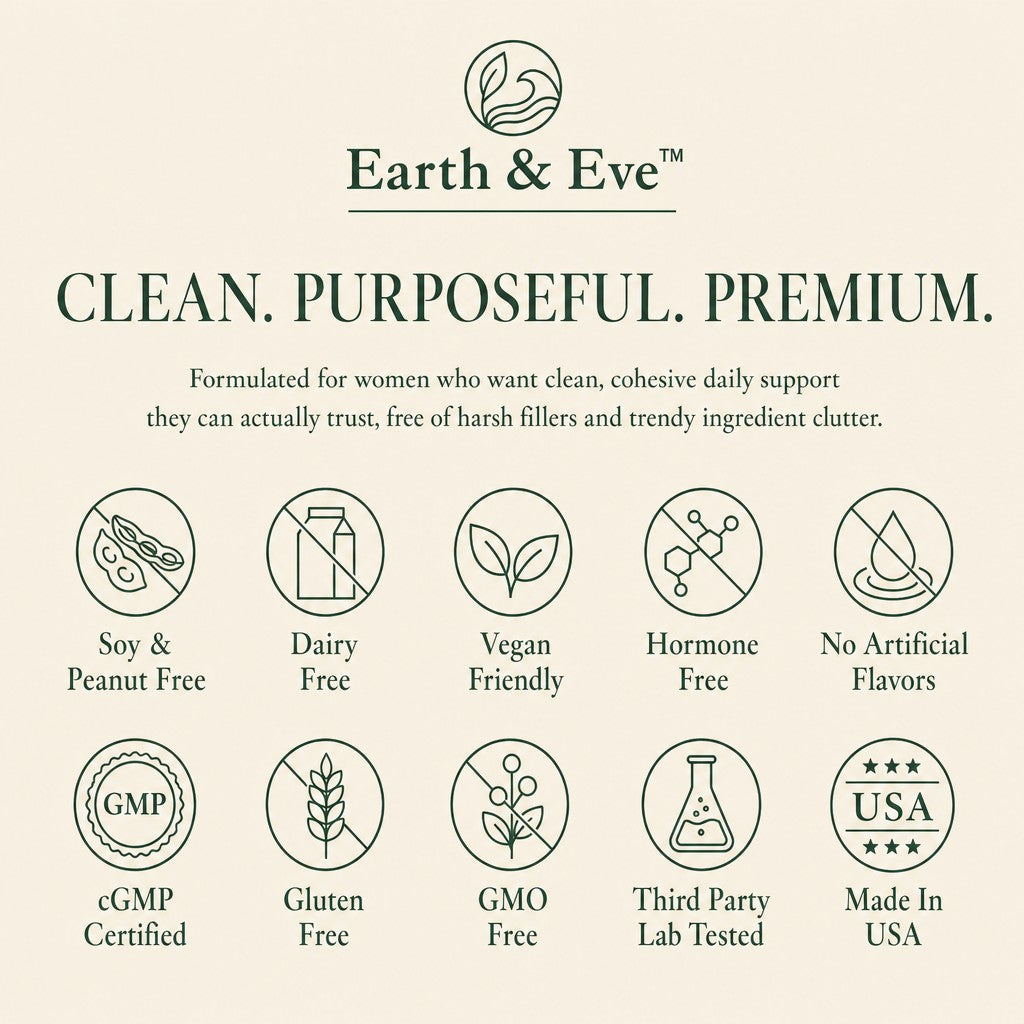 Earth & Eve Perimenopause Multivitamin trust badges — cGMP, third-party tested, non-GMO, gluten free