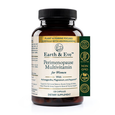 Woman holding Earth & Eve Perimenopause Multivitamin bottle